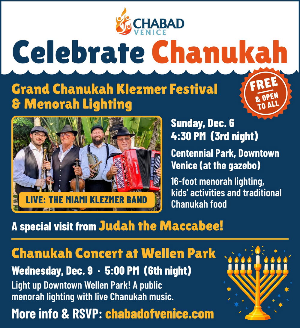 Celebrate Chanukah flyer: Grand Chanukah Klezmer Festival & Menorah Lighting, Sunday Dec. 6, and Chanukah Concert at Wellen Park, Wednesday Dec. 9